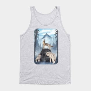 Three wolf hunting in misty forest night Howling Tank Top